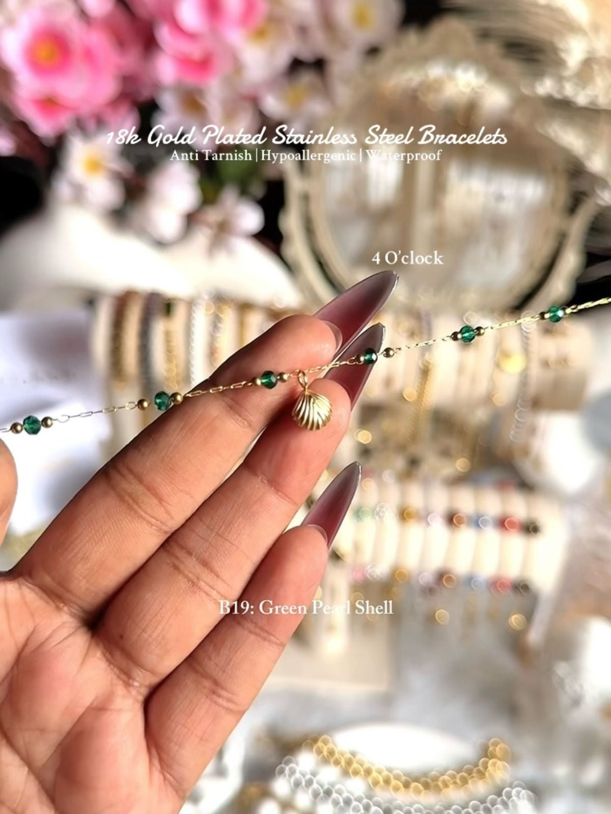 ⚜️B19: 18k Gold Plated Stainless Steel Minimalist Bracelet:Green Pearl Shell✨