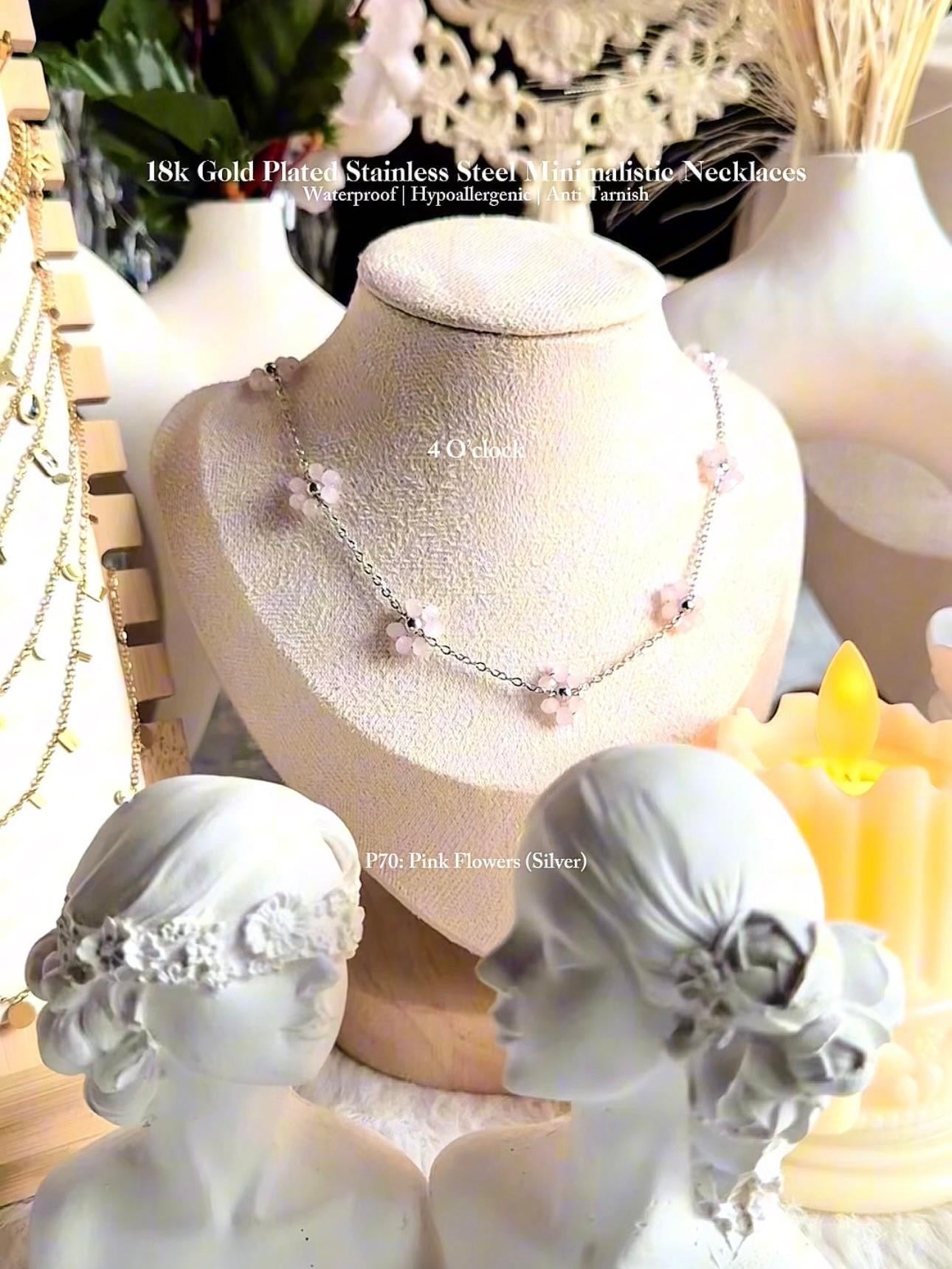 ✨P70: 18k Gold Plated Stainless Steel Pendant:Pink Flowers (Silver)✨