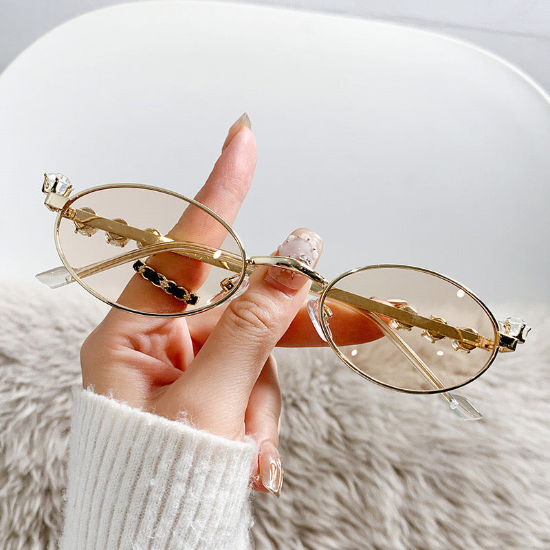 S35: Pinteresty Y2K Diamond Metal Oval Sunglasses - Light Brown + Golden (with box)
