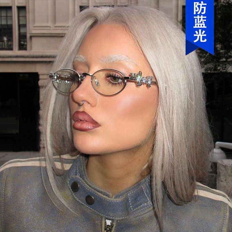 S38: Pinteresty Y2K Diamond Metal Oval Sunglasses - Transparent + Silver (with box)