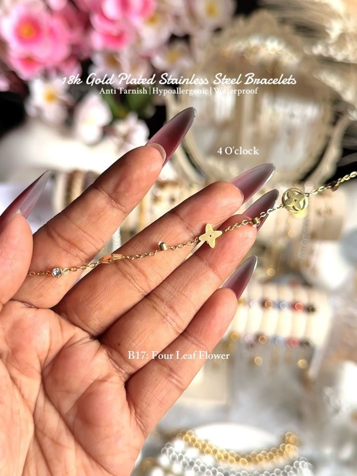 ⚜️B17: 18k Gold Plated Stainless Steel Minimalist Bracelet:Four Leaf Flower✨