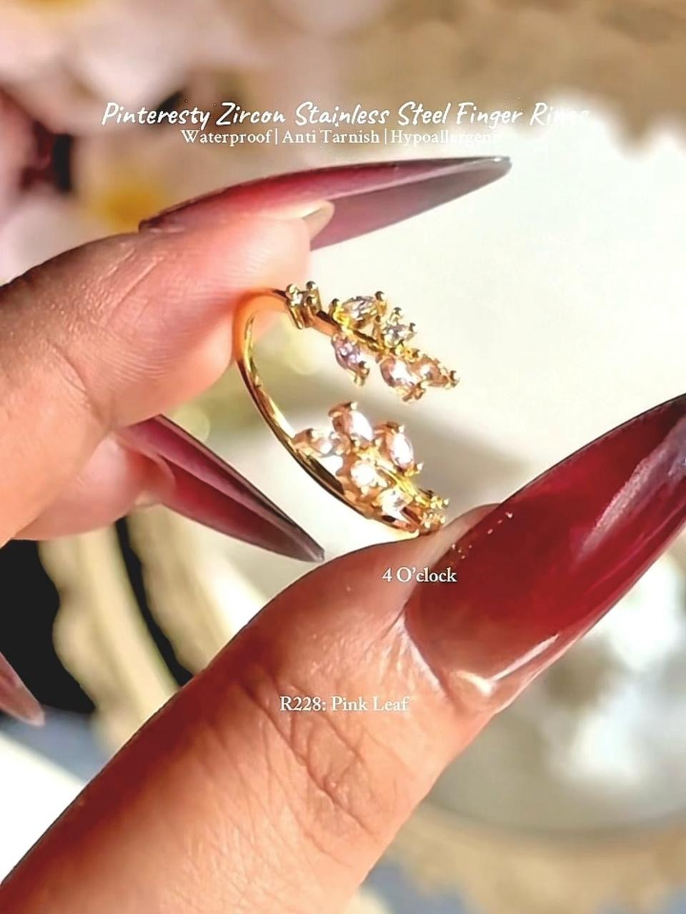 💍R228: Stainless Steel Zircon Minimalistic Finger Ring: Pink Leaf (With Box)✨