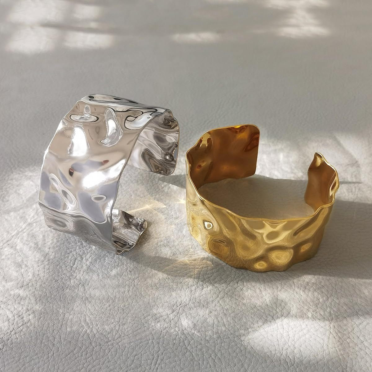 ✨HC21.3: 18k Gold Plated Stainless Steel Handcuff for Stack:Textured Cuff (Silver)✨
