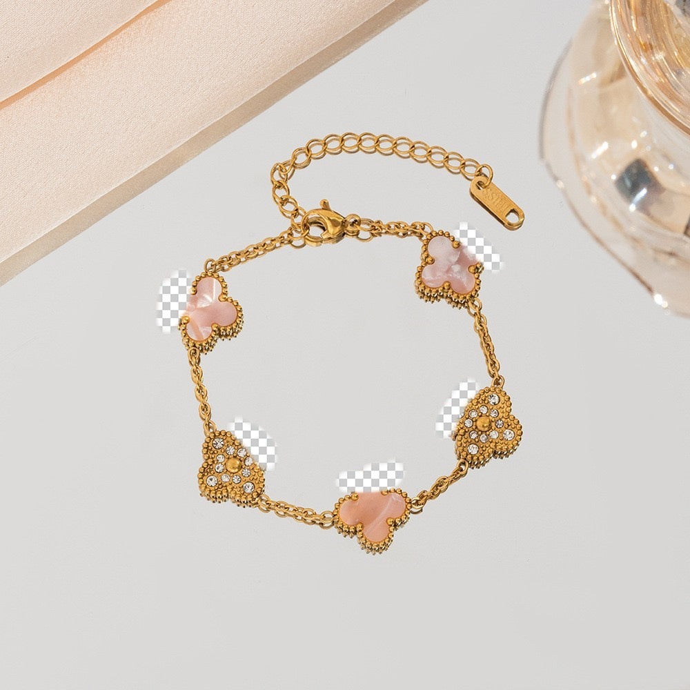 ⚜️B84: 18k Gold Plated Stainless Steel Minimalist Bracelet: Golden Colorful Pink Clover✨