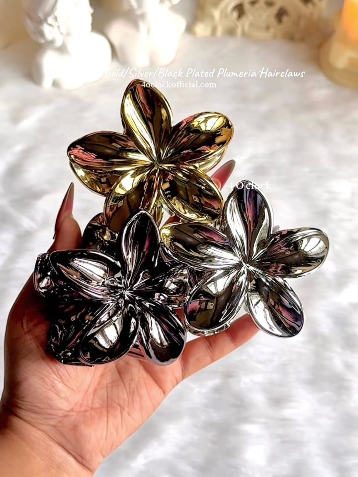 🐚Pinteresty Plumeria Glow Hair Claws: Silver - Glossy (Big)🦀✨