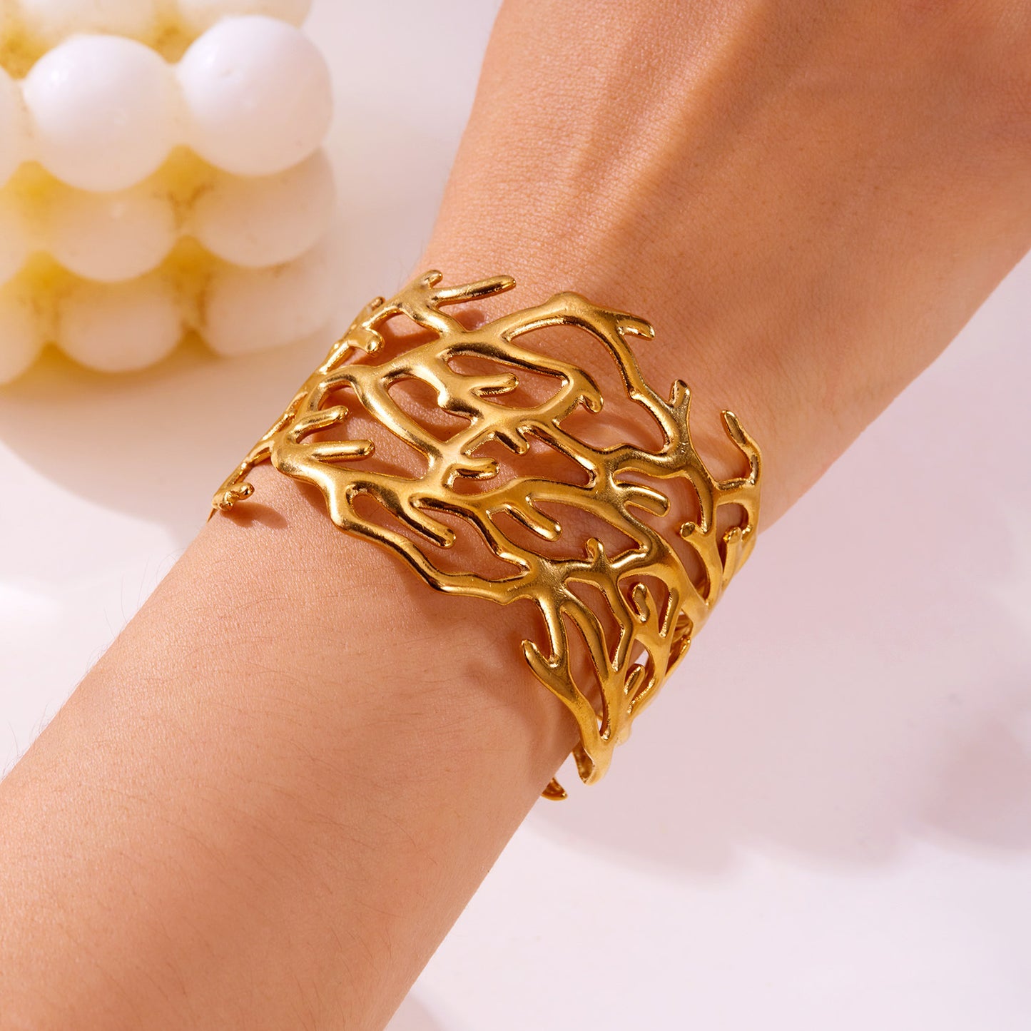 ✨HC139: 18k Gold Plated Stainless Steel Handcuff for Stack: Coral Cuff (Golden)✨
