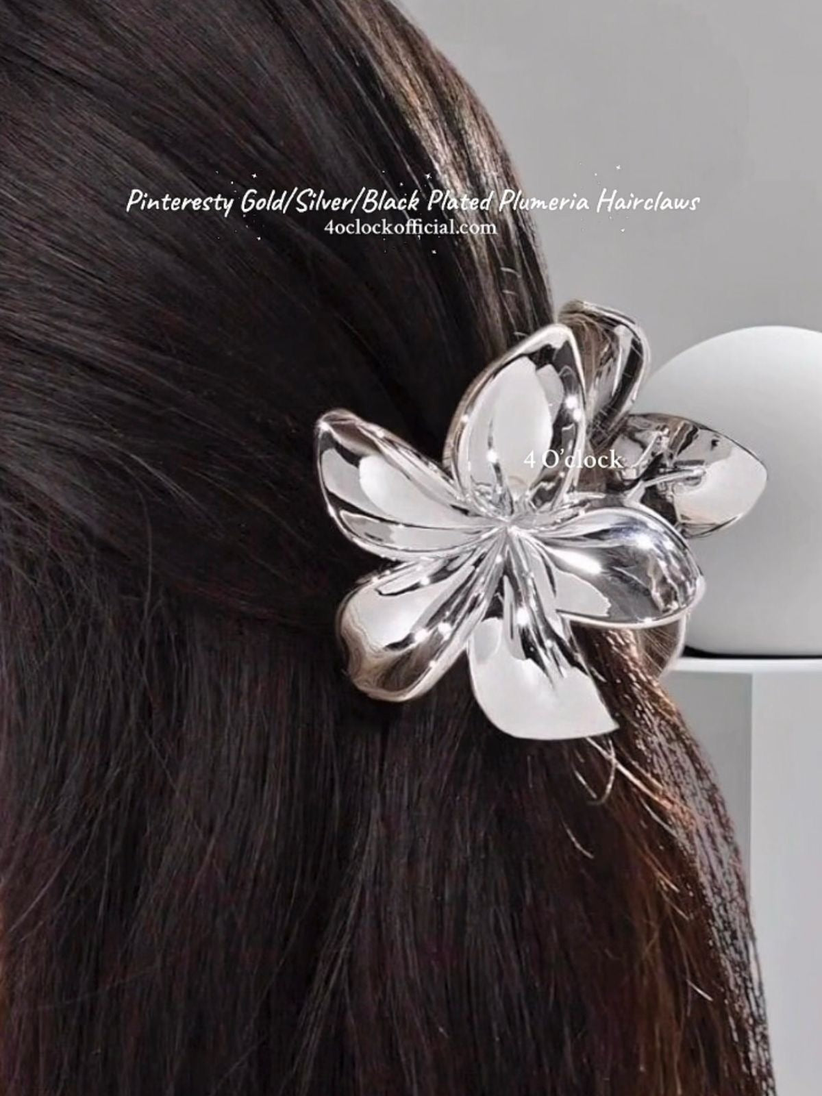 🐚Pinteresty Plumeria Glow Hair Claws: Silver - Glossy (Big)🦀✨