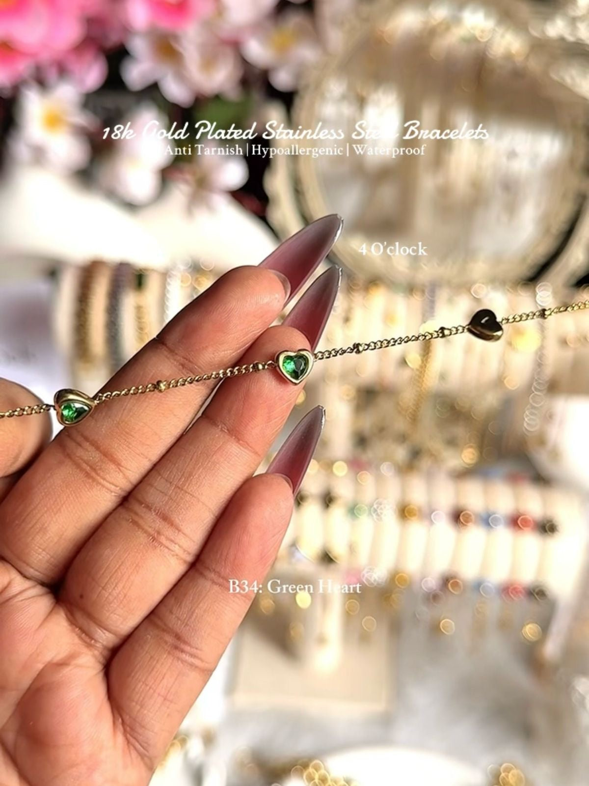 ⚜️B34: 18k Gold Plated Stainless Steel Minimalist Bracelet: Green Heart✨