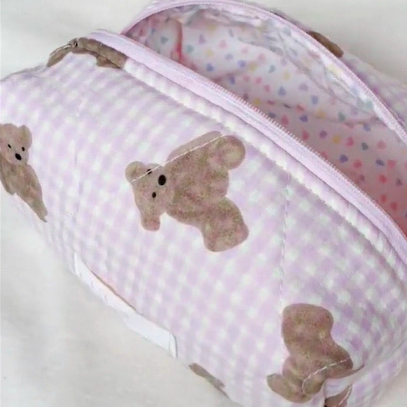 🎀 30.Pinteresty Makeup Bag: Pink Plaid Teddy Bear 🫧