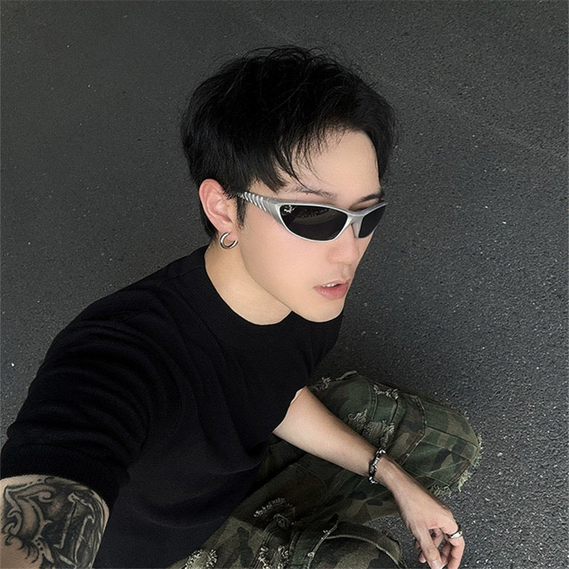 S08: Pinteresty Y2k Sports Sunglasses - Light Silver + Black (with box) Unisex