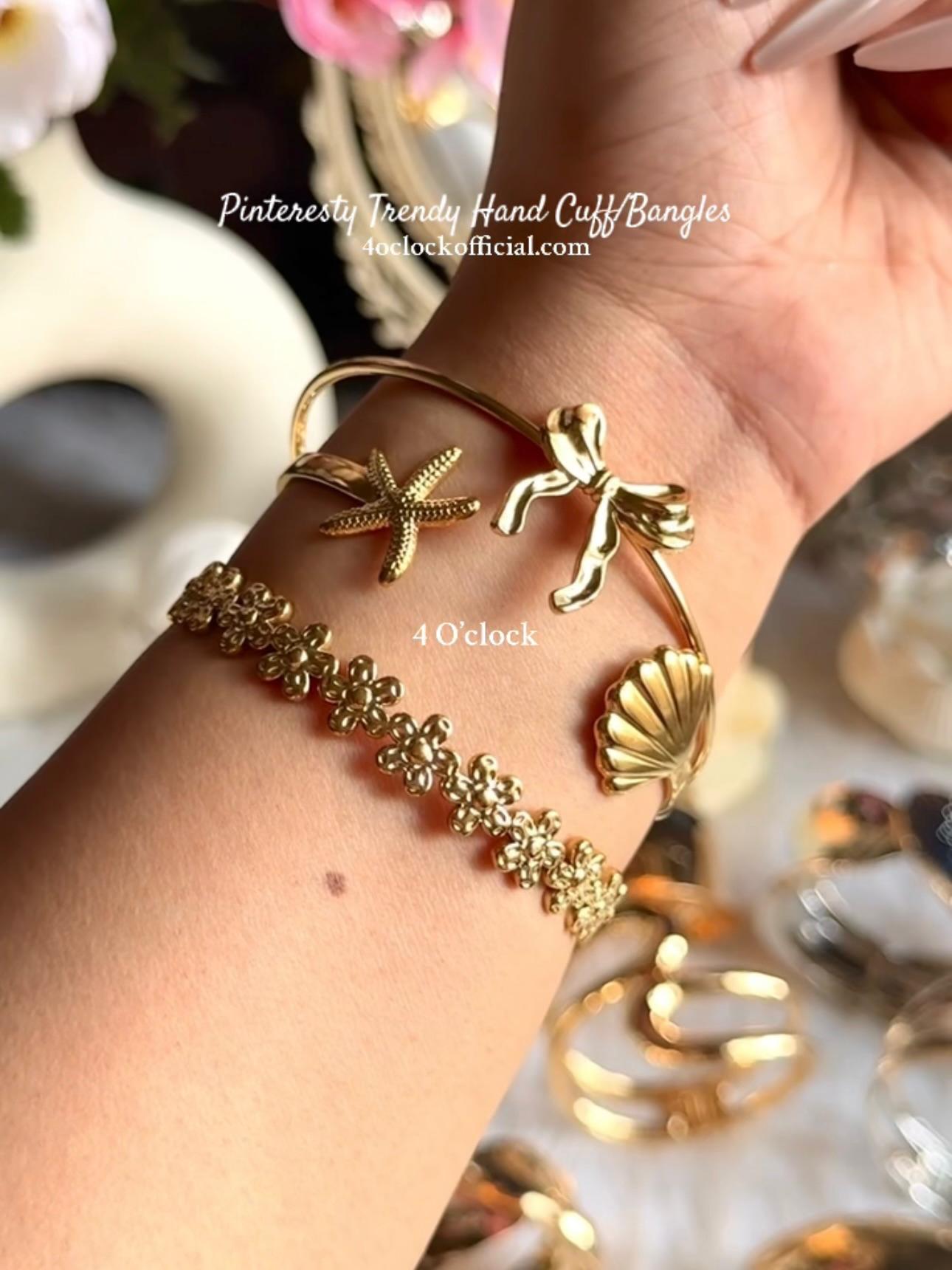 ✨HC28: 18k Gold Plated Stainless Steel Handcuff for Stack: Floral Symphony(Golden)✨