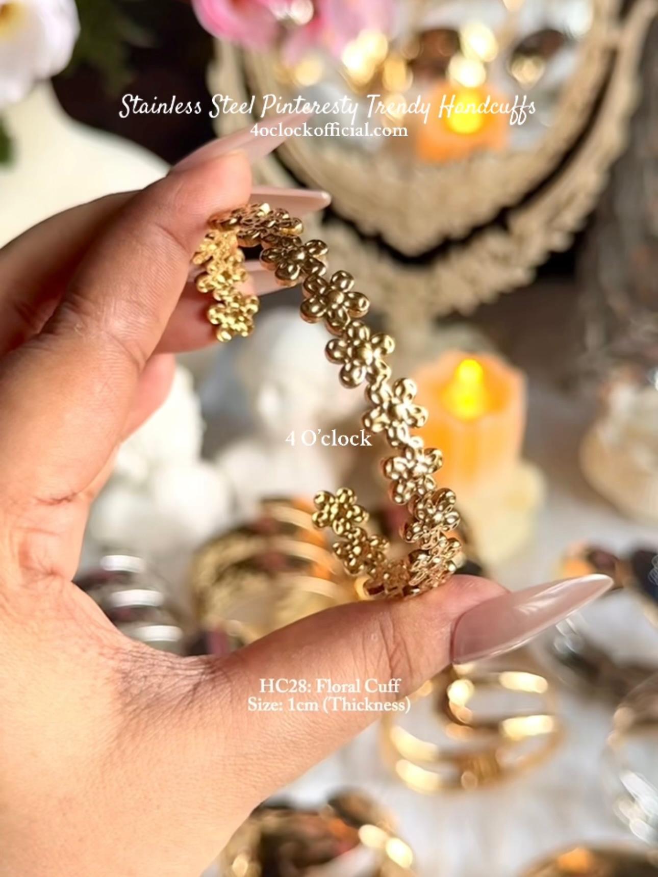 ✨HC28: 18k Gold Plated Stainless Steel Handcuff for Stack: Floral Symphony(Golden)✨