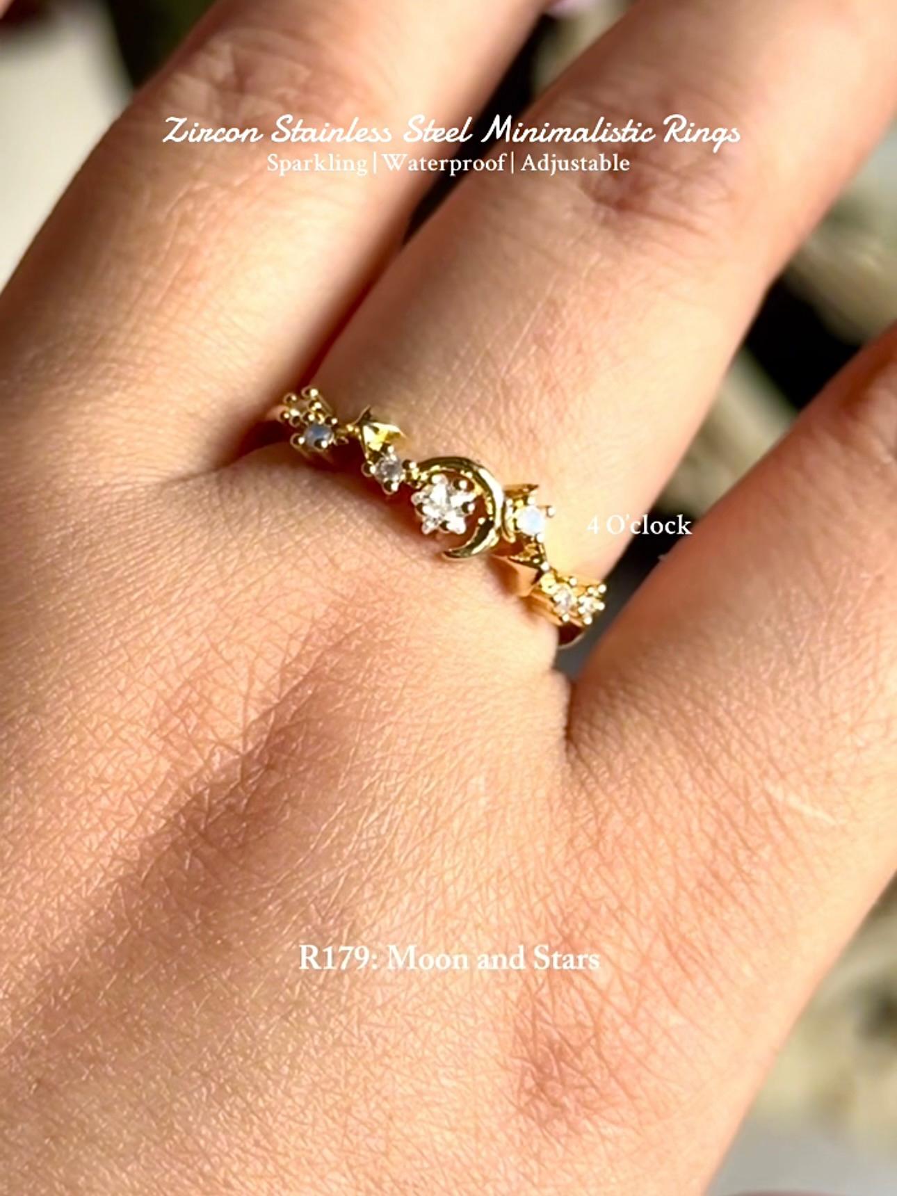💍R179: Stainless Steel Zircon Minimalistic Finger Ring: Moon and Stars (With Box)✨