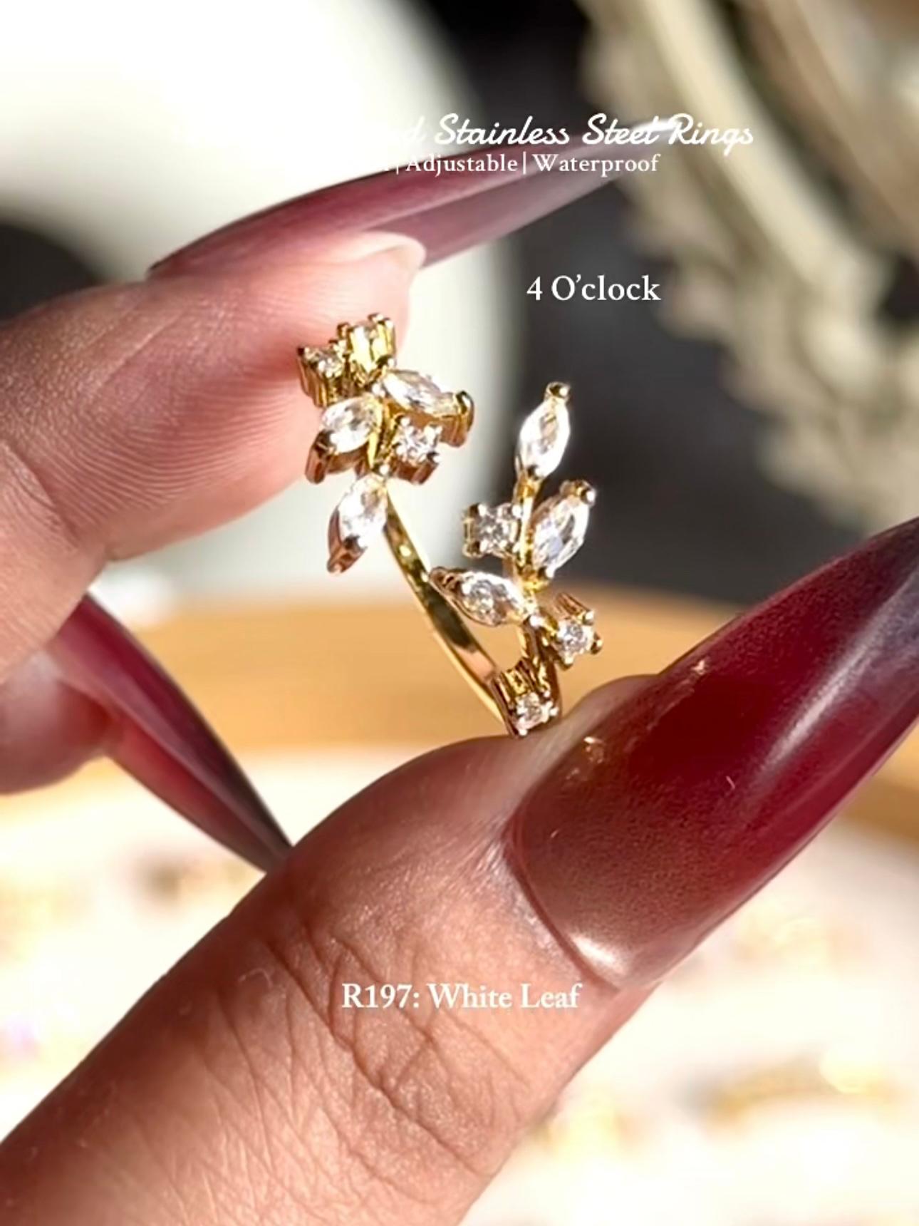 💍R197: Stainless Steel Zircon Minimalistic Finger Ring: White Leaf (With Box)✨