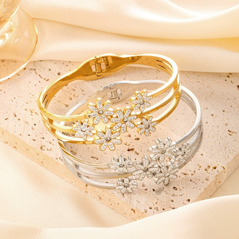 CB14: 18k Gold Plated Premium Stainless Steel Cuff Bangles: Florets (silver)