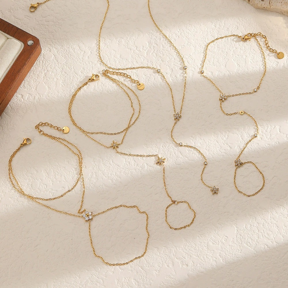 RB13: Stainless Steel Zircon Handchain: Twin Flower