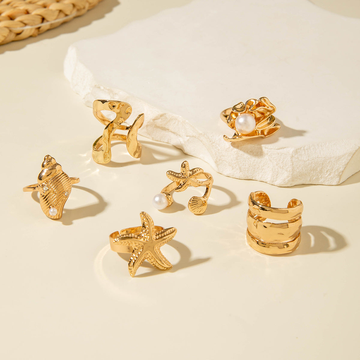 ✨RS67: Maximalistic Finger Ring Sets (Golden) - 6pcs (Adjustable-Non adjustable mixed sizes)