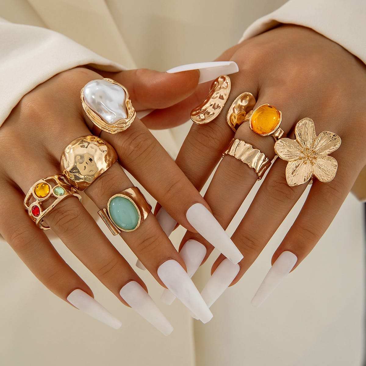 RS154: Maximalistic Finger Ring Sets (golden) - 8pcs