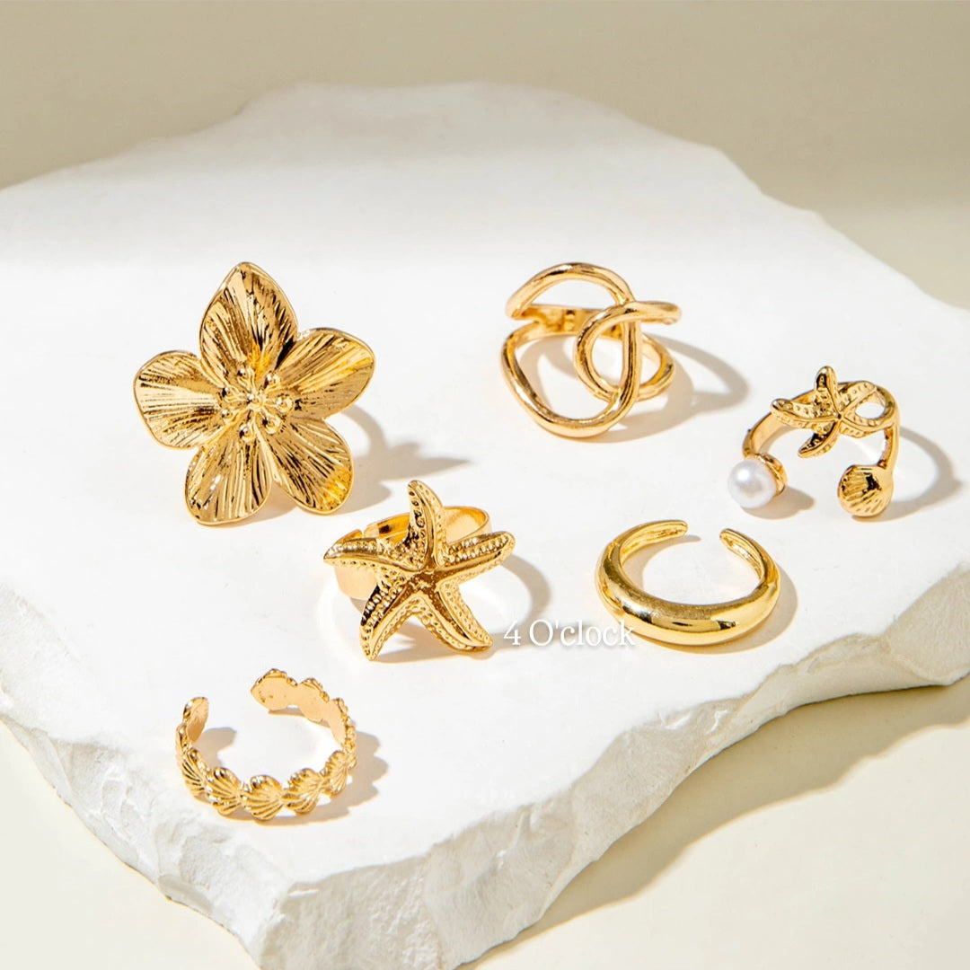 ✨RS68: Maximalistic Finger Ring Sets (Golden) - 6pcs (Adjustable-Non adjustable mixed sizes)