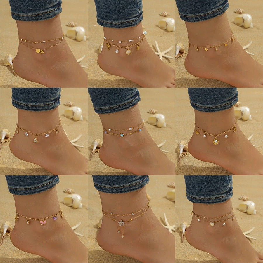 A81: 18K Gold Plated Stainless Steel Minimalist Anklet: Blue Heart