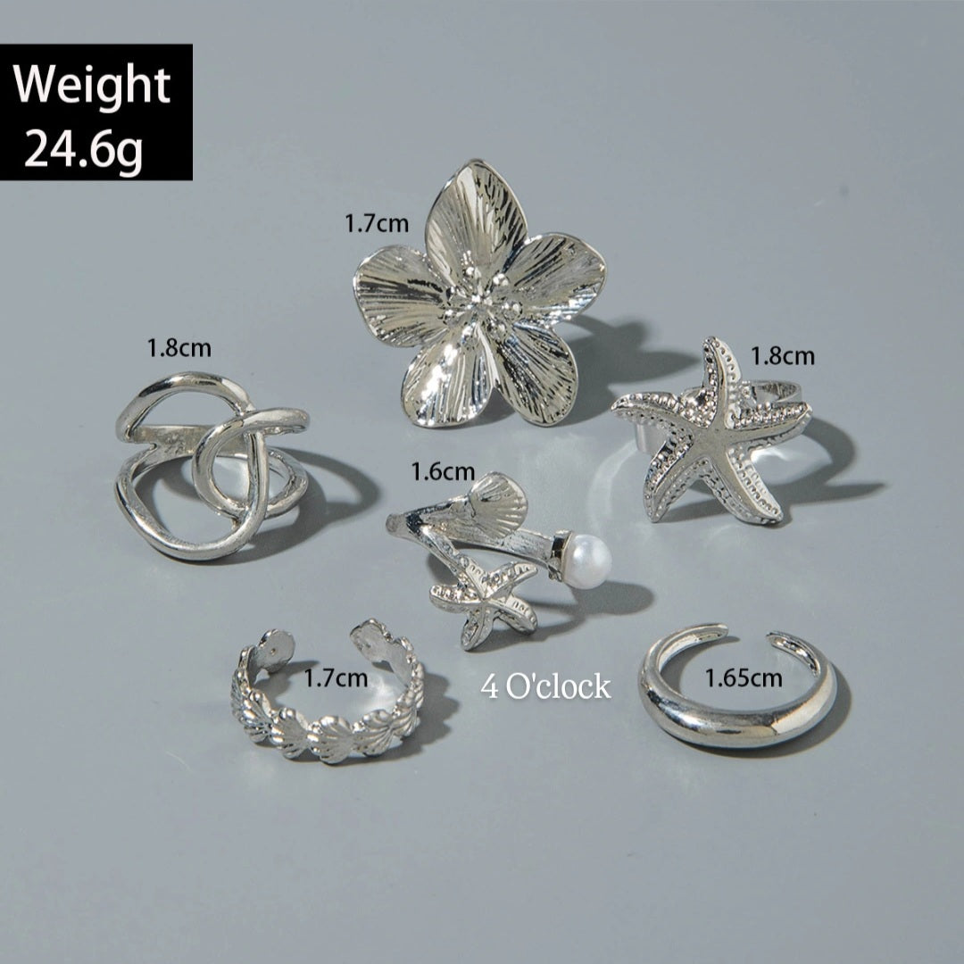 ✨RS70: Maximalistic Finger Ring Sets (Silver) - 6pcs (Adjustable-Non adjustable mixed sizes)