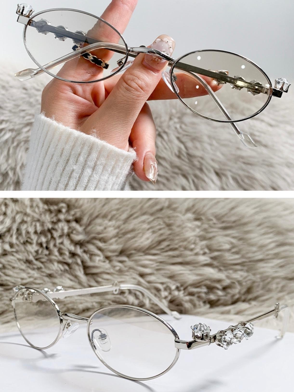 S38: Pinteresty Y2K Diamond Metal Oval Sunglasses - Transparent + Silver (with box)