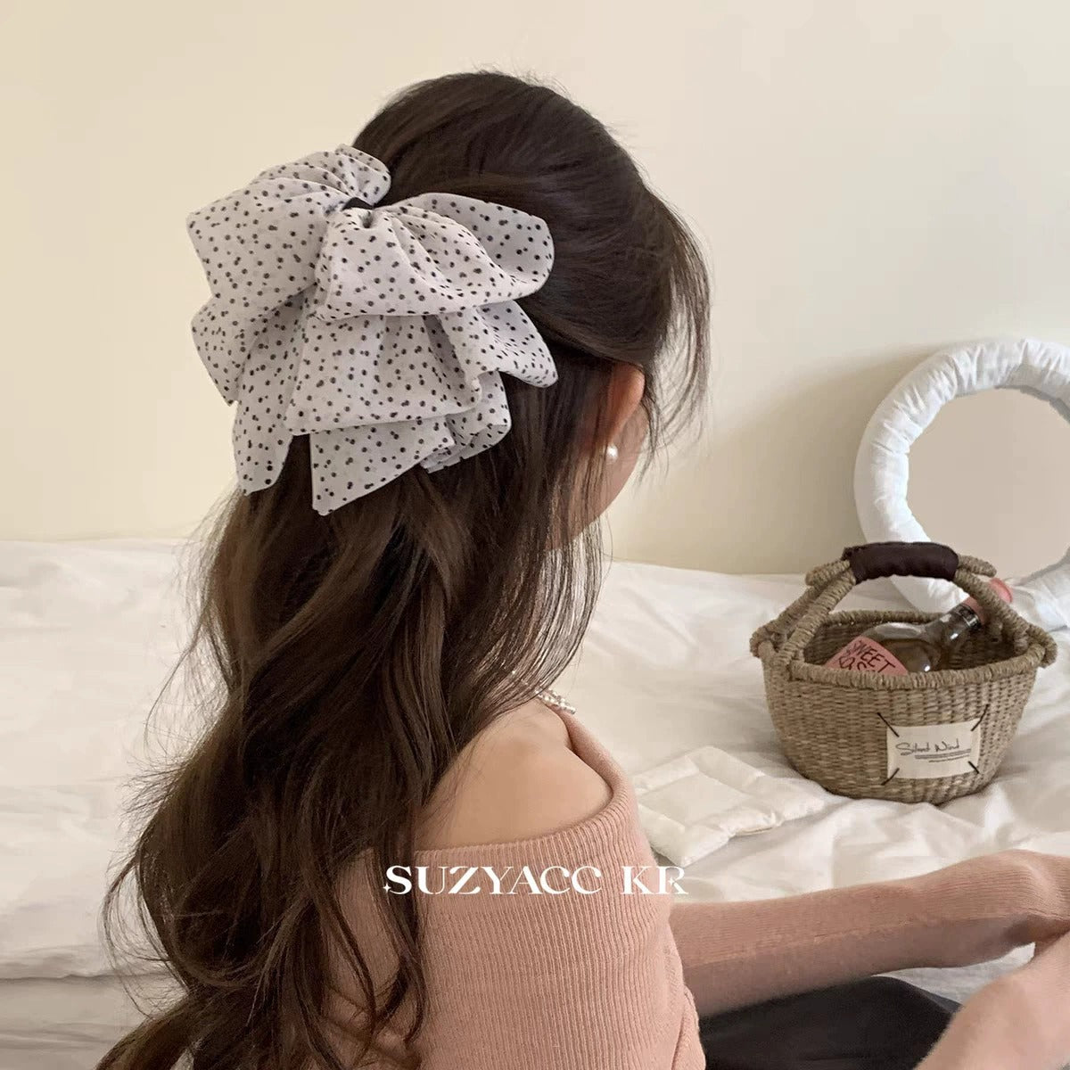 Polka Dot Fabric Bow Hair Claw Clip: White