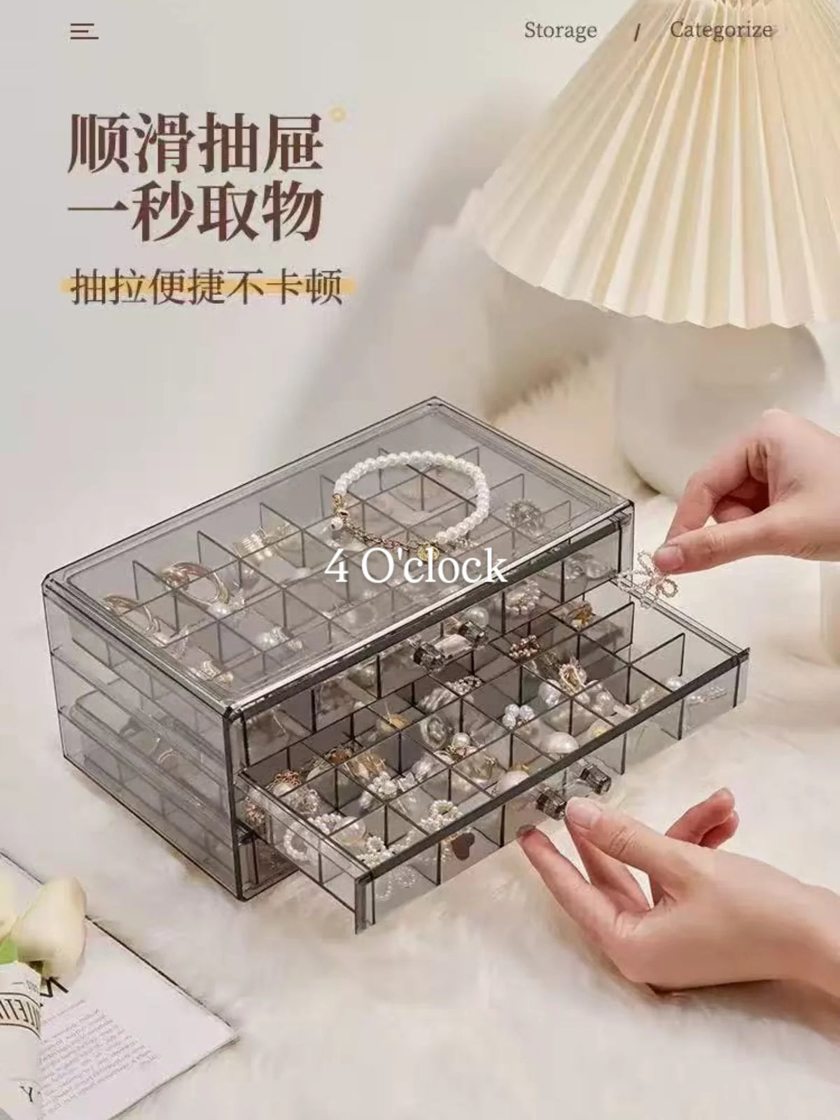 OG8: Transparent 3-Layer Jewellery Organizer Box: Translucent Pink (72 grid)