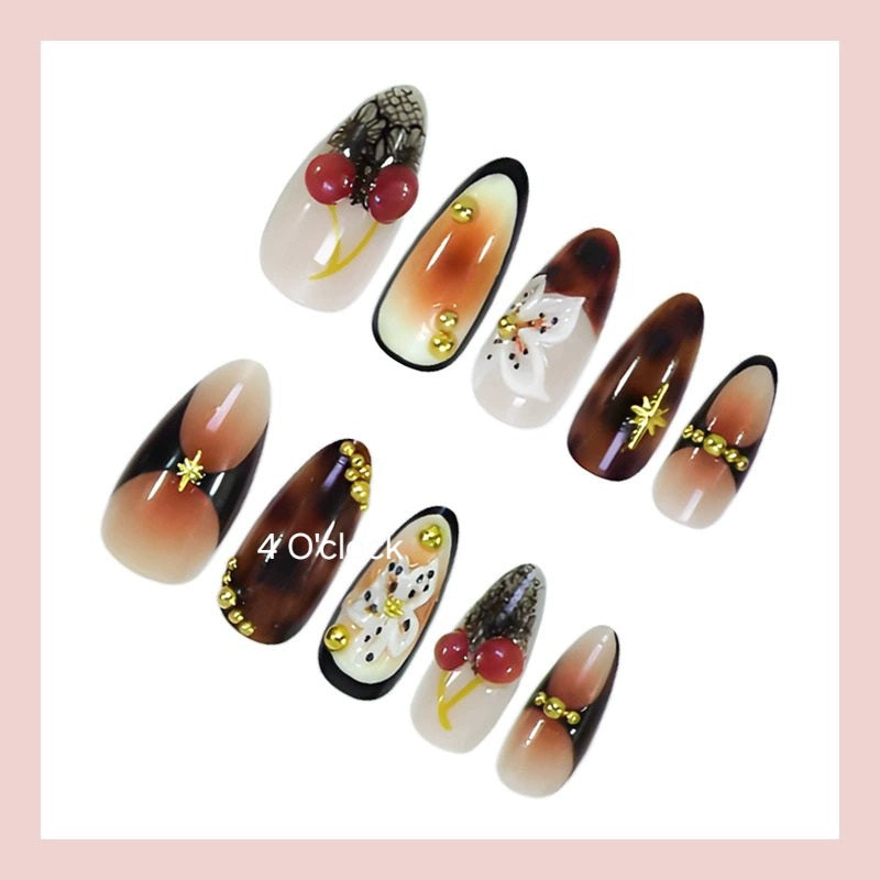 N02: Press On Nails: Brown Cherry Sparkle (24 Pcs) - With FREE glue & kit.