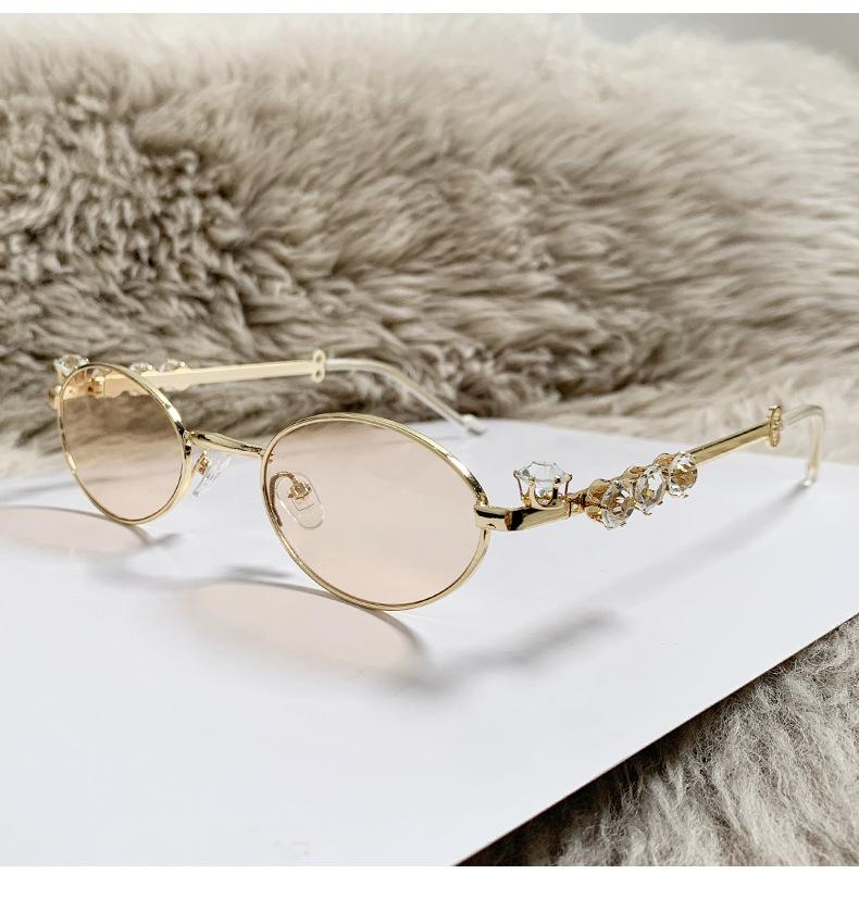 S35: Pinteresty Y2K Diamond Metal Oval Sunglasses - Light Brown + Golden (with box)