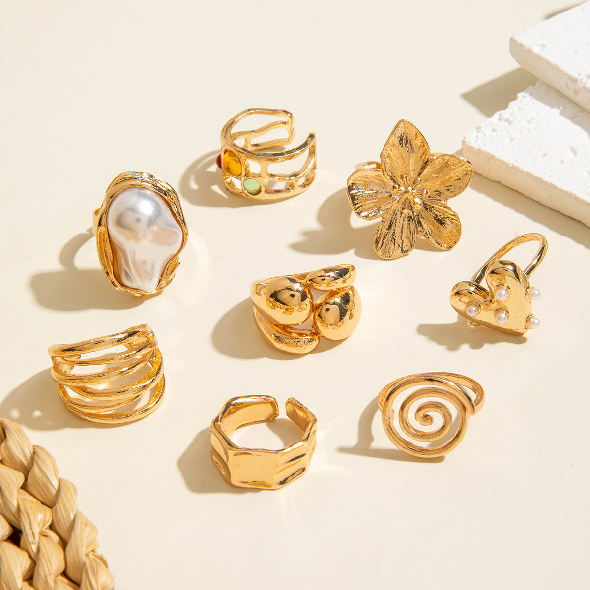 ✨RS44: Maximalistic Finger Ring Sets (Golden) - 8pcs (Adjustable-Non adjustable/ mixed sizes)