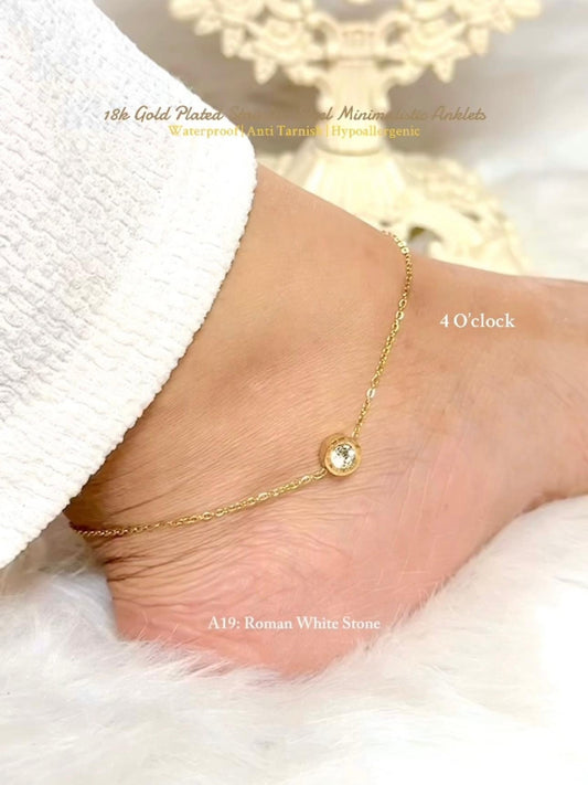✨A19: 18k Gold Plated Stainless Steel Anklet:Roman White Stone✨