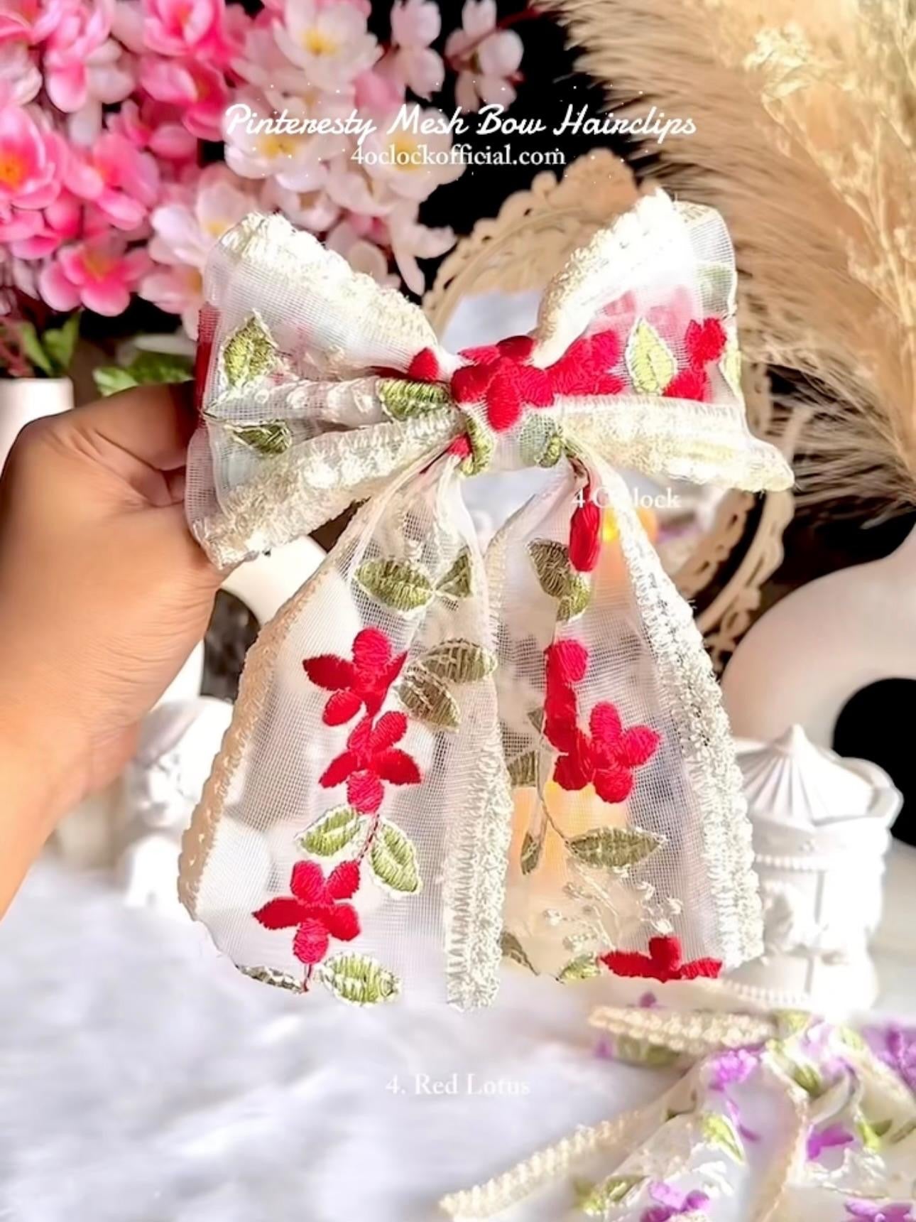 🎀💌4. Pinteresty Mesh Bow Floral Embroidery Hairclip - Red Lotus  🌸✨
