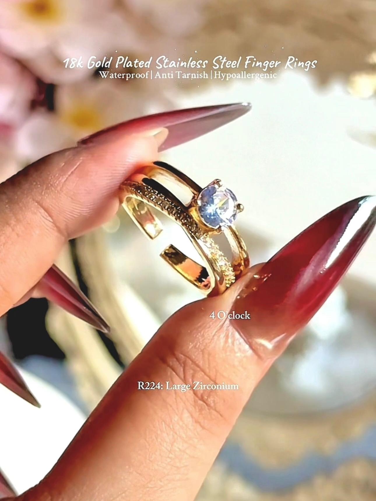 💍R224: 18k Gold Plated Stainless Steel Finger Rings: Large Zirconium✨ (With Box)
