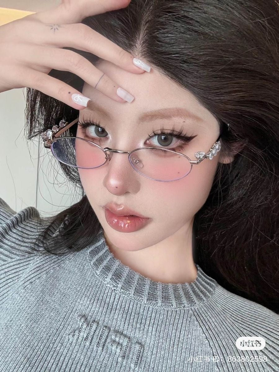 S37: Pinteresty Y2K Diamond Metal Oval Sunglasses - Transparent + Golden (with box)