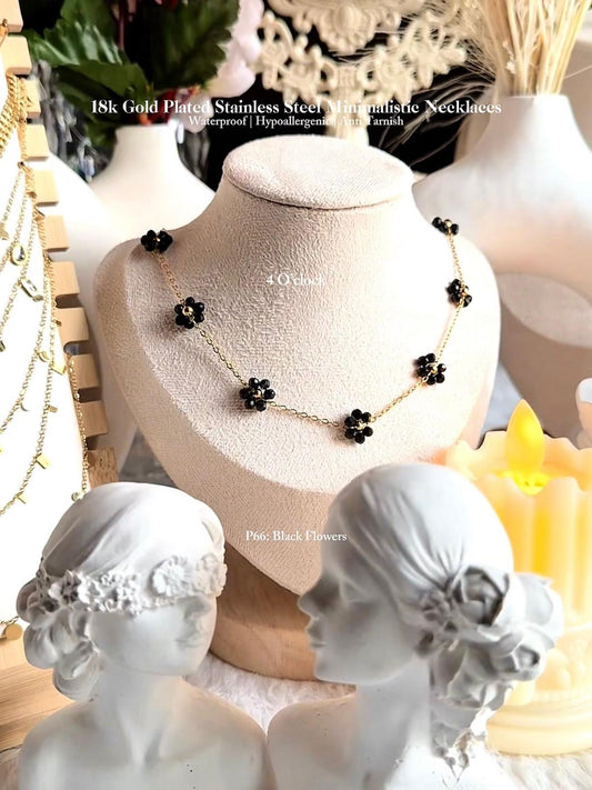 ✨P66: 18k Gold Plated Stainless Steel Pendant:Black Flowers✨