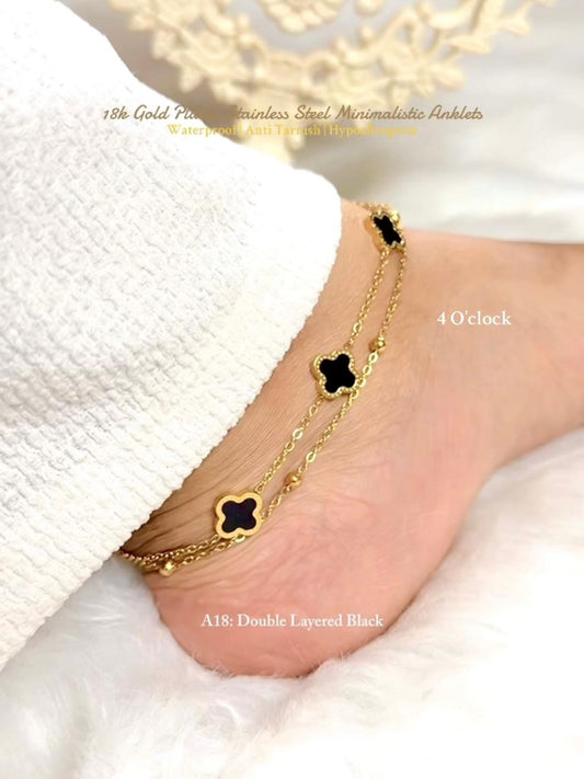 ✨A18: 18k Gold Plated Stainless Steel Anklet:Double Layered Black✨