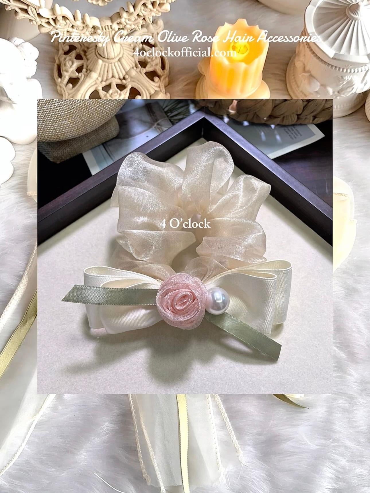🌸Pinteresty Cream Olive Lace Pearl Rose Big Scrunchie 🫧