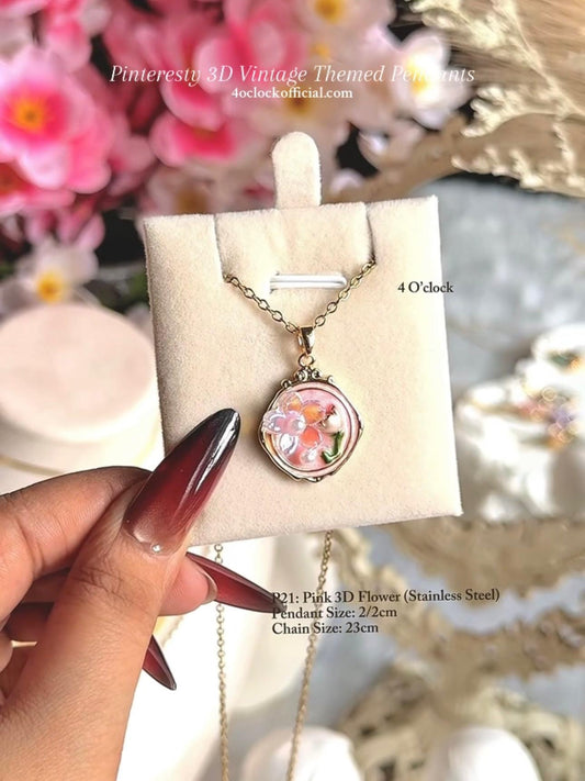 🫧P21:Pinteresty 3D Vintage Pendants: Pink 3D Flower (Stainless Steel) ✨