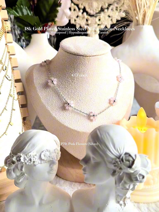 ✨P70: 18k Gold Plated Stainless Steel Pendant:Pink Flowers (Silver)✨
