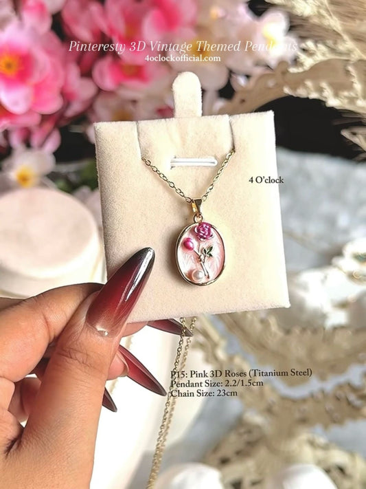 🫧P15:Pinteresty 3D Vintage Pendants: Pink 3D Roses (Titanium Steel) ✨