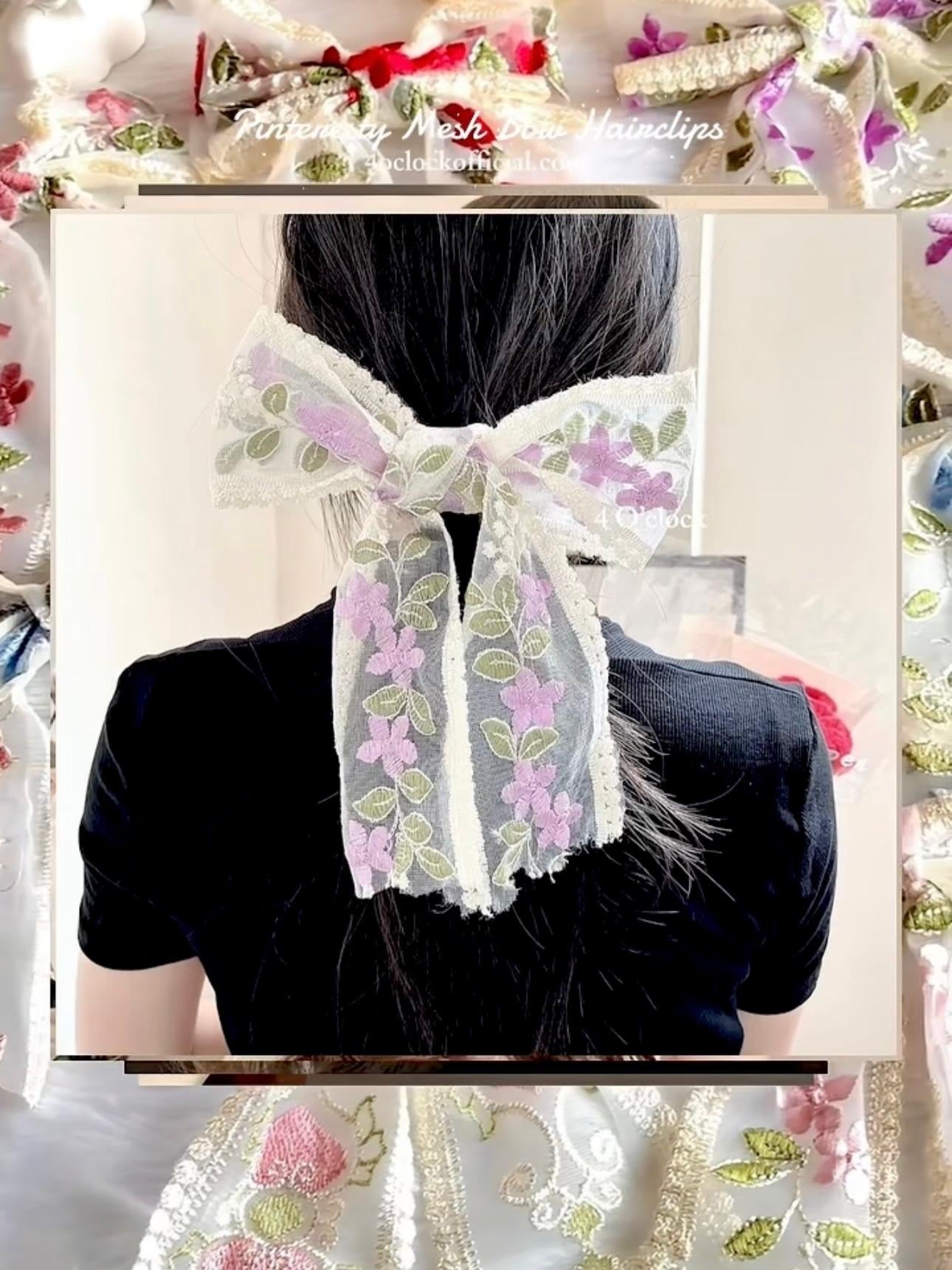🎀💌6. Pinteresty Mesh Bow Floral Embroidery Hairclip - Purple Lotus  🌸✨