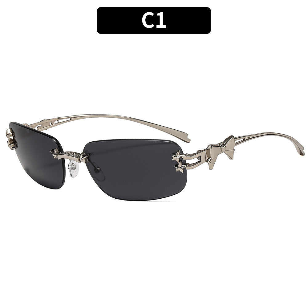 S16: Pinteresty Rimless Y2K Bow sunglasses: Black + Grey (with box)