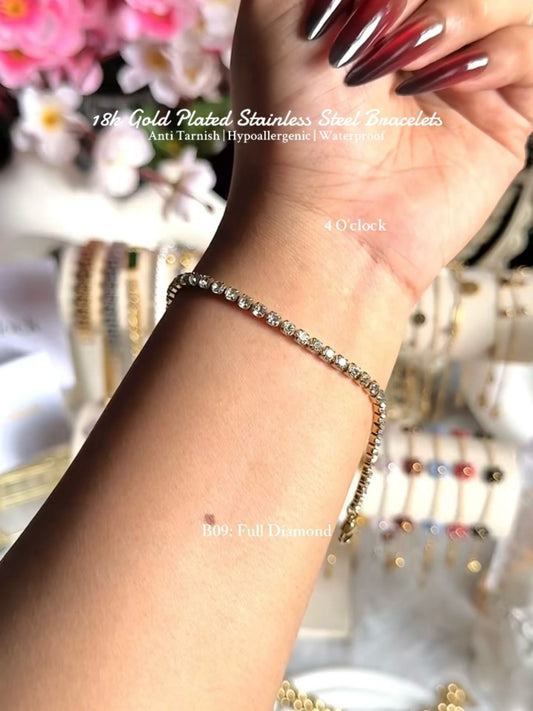 ⚜️B09: 18k Gold Plated Stainless Steel Minimalist Bracelet:Full Diamond✨