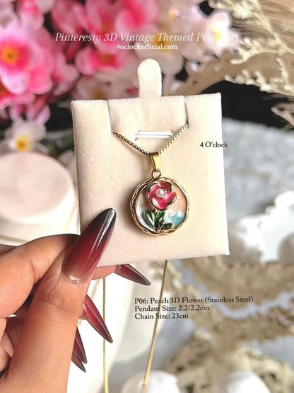 🫧P06:Pinteresty 3D Vintage Pendants: Peach 3D Flower(Stainless Steel) ✨