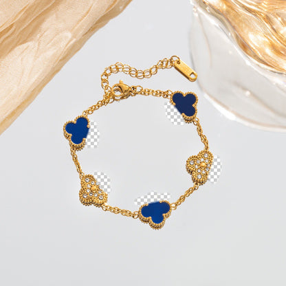 B80: 18k Gold Plated Stainless Steel Minimalist Bracelet: Golden Blue Clover
