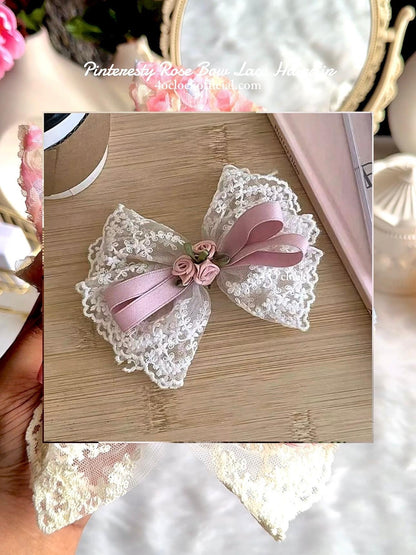 💐Pinteresty 3D Rose Bow Lace Hairclip - White Lace Rose✨