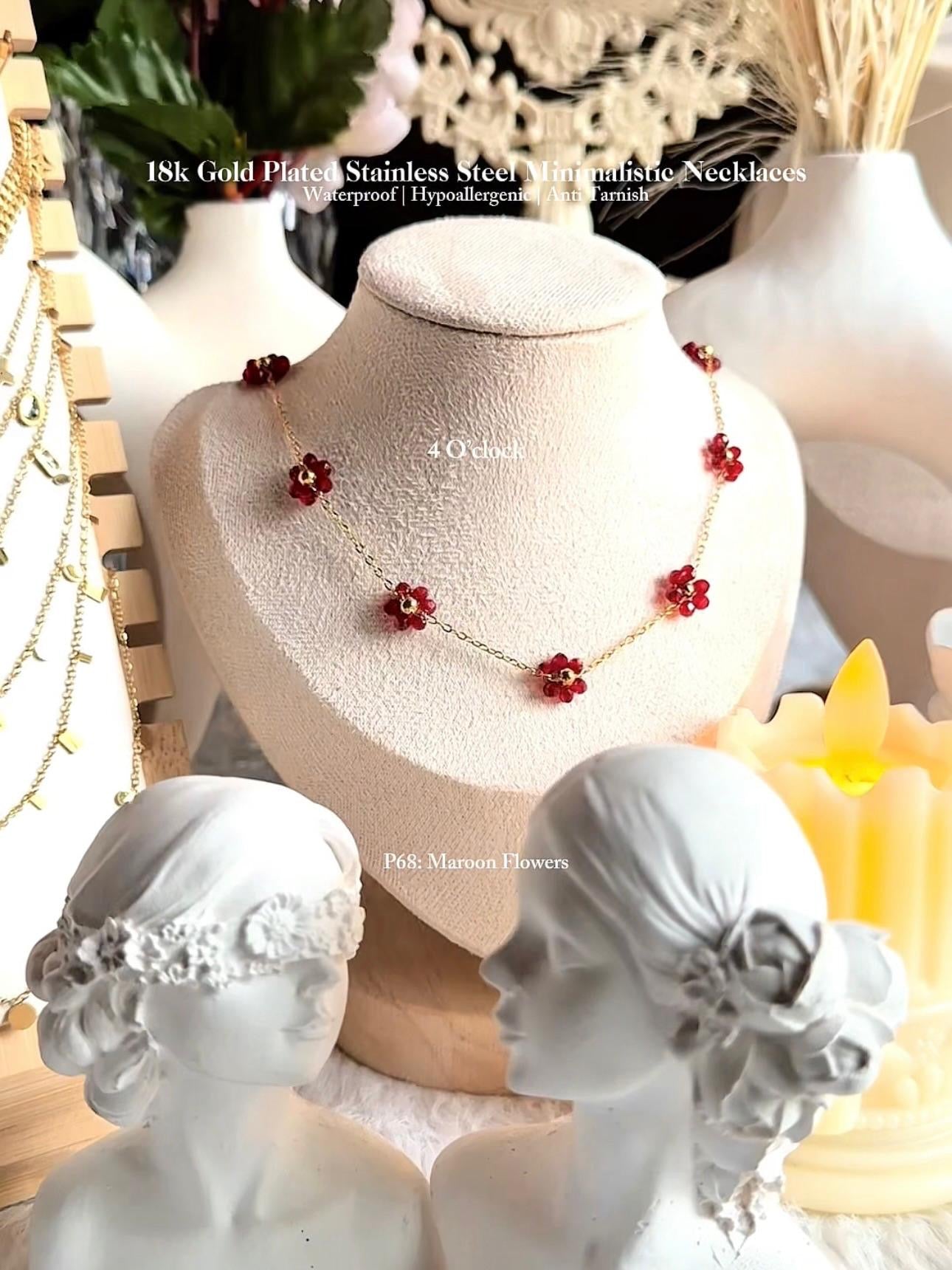✨P68: 18k Gold Plated Stainless Steel Pendant:Maroon Flowers✨