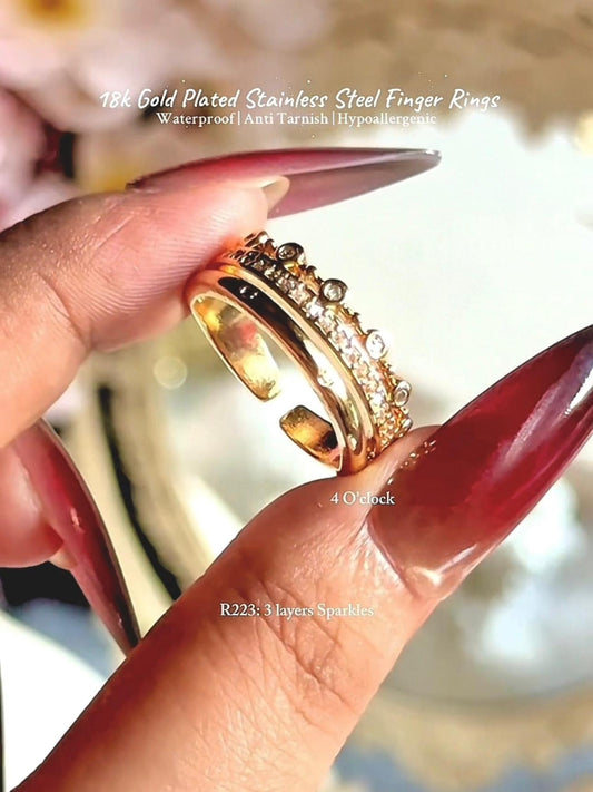 💍R223: 18k Gold Plated Stainless Steel Finger Rings: 3 Layers Sparkles✨ (With Box)