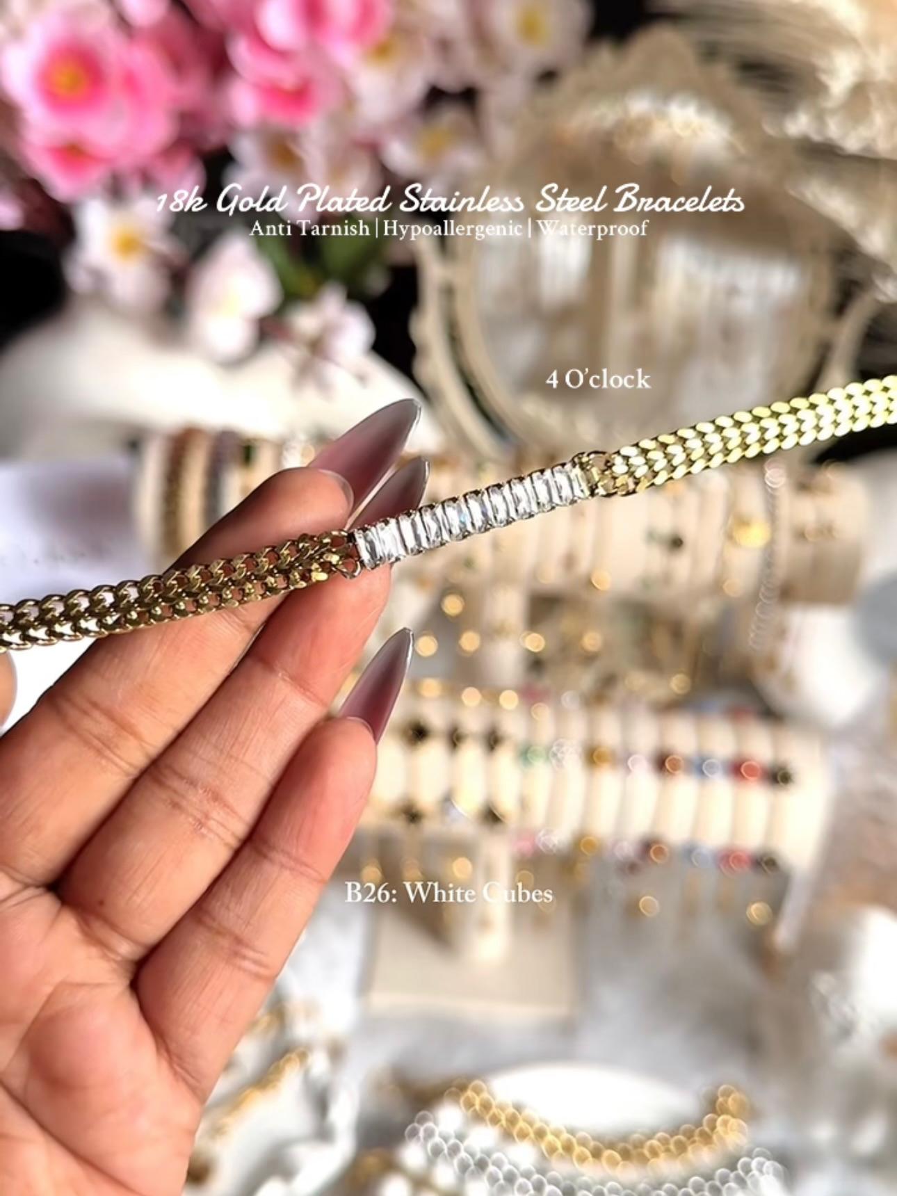 ⚜️B26: 18k Gold Plated Stainless Steel Minimalist Bracelet:White Cubes✨